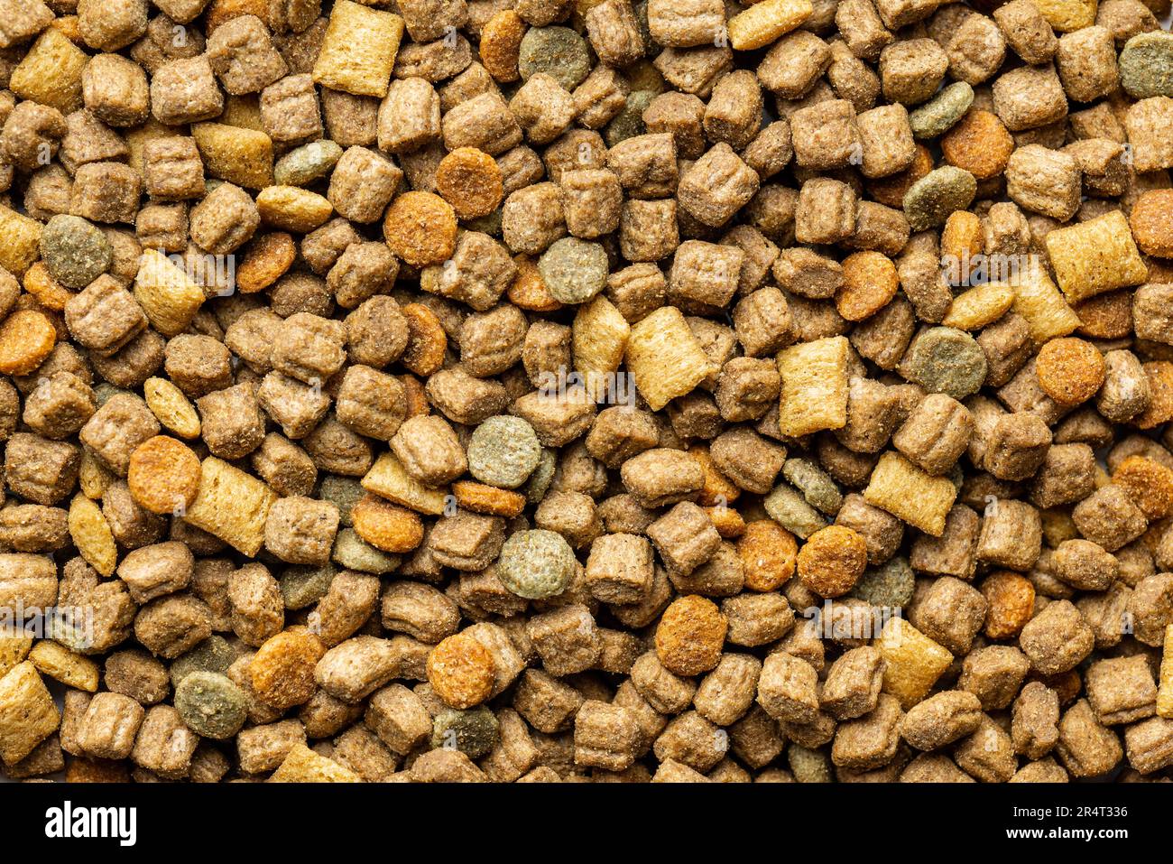 Das trockene Kibble-Tierfutter. Hunde- oder Katzenfutter. Draufsicht. Stockfoto