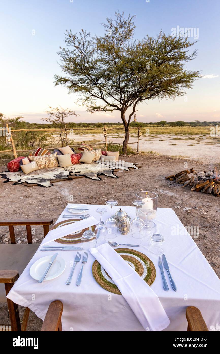 Privates Abendessen im Busch im Onguma Game Reserve, Namibia, Afrika Stockfoto