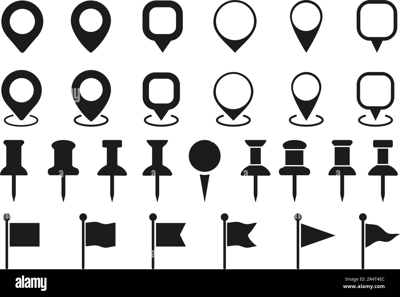 Satz flacher Symbole. Kartenmarkierung, Zeiger, GPS-Position und Markierung anheften. Vektordarstellung. Isoliert auf weißem Hintergrund Stock Vektor