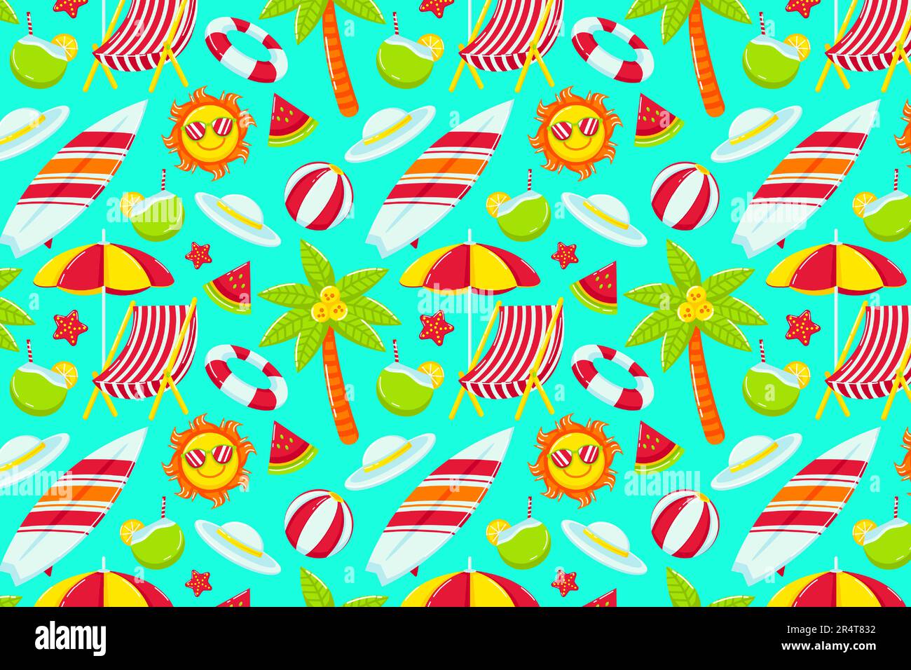 Nahtloses Sommermuster Mit Strandmotiv. Liegestuhl, Kokosnussbaum, Sonnenschirm, Ball, Rettungsring, hut, Sonne und Wassermelone. Perfekt für Designelemente Stock Vektor