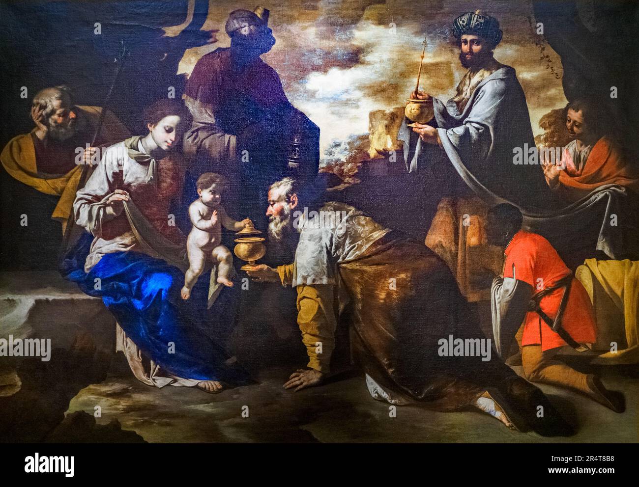 Die Adoration der Magi, 1635-1640 von Maestro degli annunci ai Pastori (Neapel 17. Jahrhundert) - Öl auf Leinwand Stockfoto