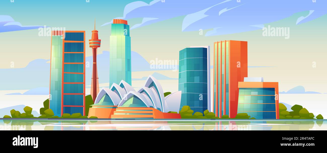 FEBRUAR 12, 2020. Vektor-Cartoon-Illustration von Sydney Wahrzeichen, Skyline der Stadt mit Oper Banner, weltberühmte Gebäude, Touristenattraktion ein Stock Vektor