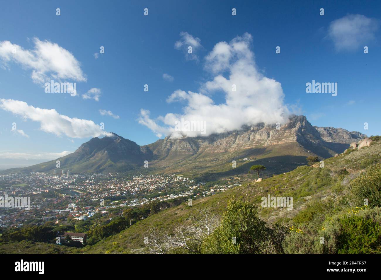 Wolken über dem Tafelberg an klaren Tagen, Kapstadt, Südafrika Stockfoto