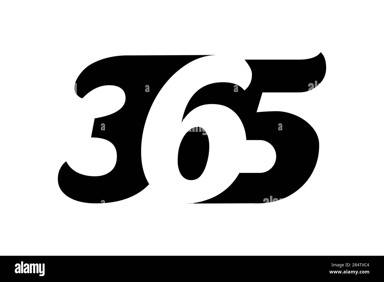 365-Logo auf weißem Hintergrund. Schwarzer Text mit negativem Platzeffekt. Jeden Tag in einem Jahr. Nummer drei sechs fünf. Unendlichkeitssymbol. Vektor. Stock Vektor
