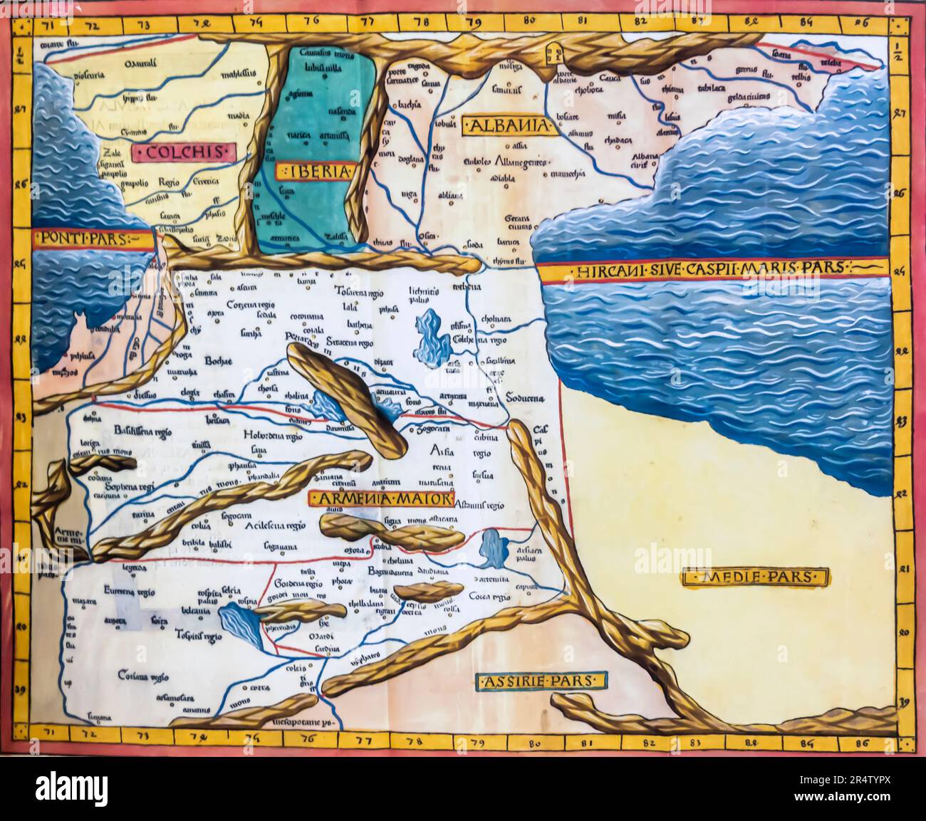 Ptolemäus Geografie. 2. Jahrhundert. Großarmenien, Kaukasisches Albanien, Iberien, Kolchis. Historische Kartenrekonstruktion Stockfoto