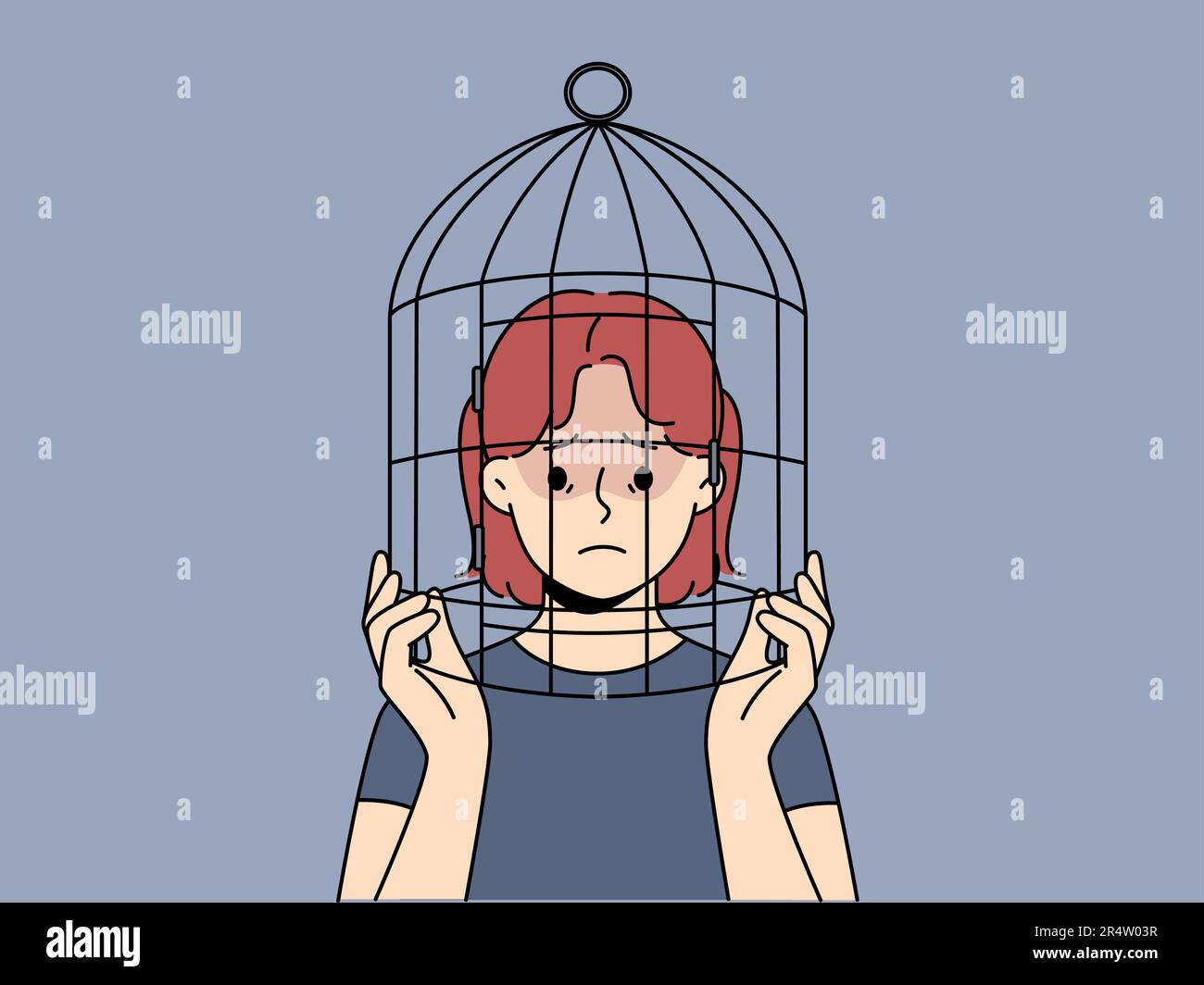 Unglückliches Teenager-Mädchen mit Kopf im Vogelkäfig leidet unter Diskriminierung und mangelnder Freiheit. Aufgebrachtes Teenager-Kind im Käfig mit psychischen Problemen. Vektordarstellung. Stock Vektor
