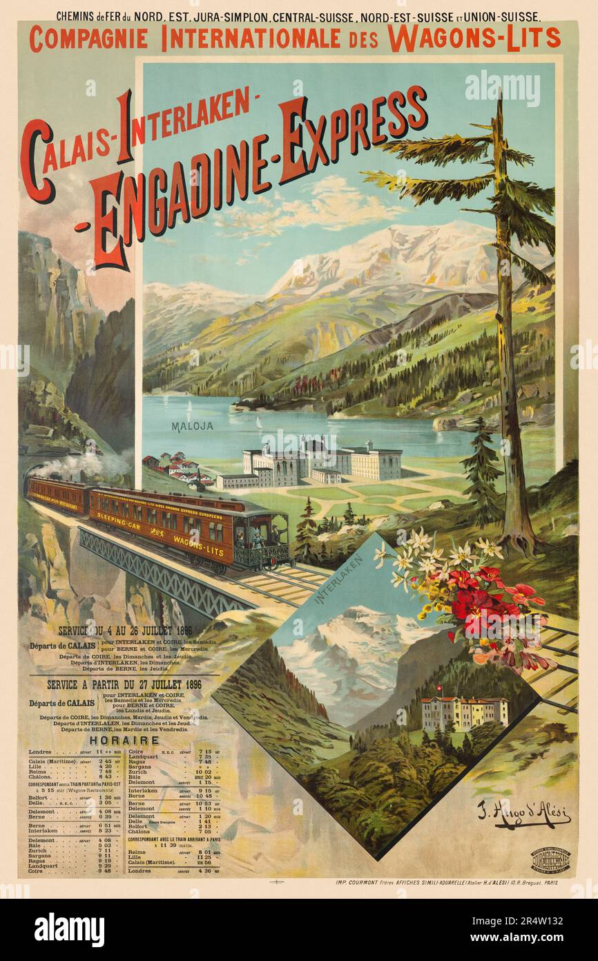 Compagnie internationale des Wagons-lits. Calais-Interlaken - Engadine-Express von F. Hugo d'Alesi (1849-1906). Poster wurde 1890 in Frankreich veröffentlicht. Stockfoto