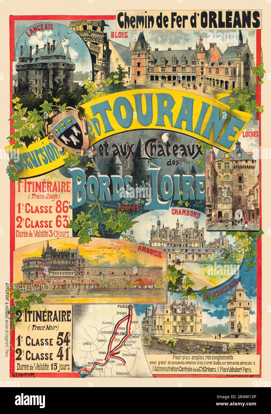Chemin de Fer d'Orléans. Exkursionen en Touraine et aux Châteaux des Bords de la Loire von Gustave Fraipont (1849-1923). Poster wurde 1892 in Frankreich veröffentlicht. Stockfoto