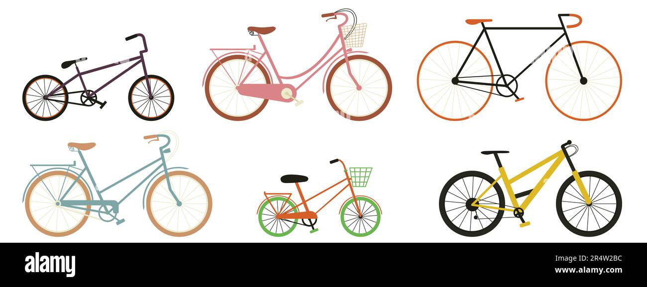 Vektorsatz von farbigen Fahrrädern verschiedene Zierleisten: Hybrid, eine Geschwindigkeit, bmx, Road Bike, Mountain Bike, Festes Zahnrad in flacher Ausführung Stock Vektor