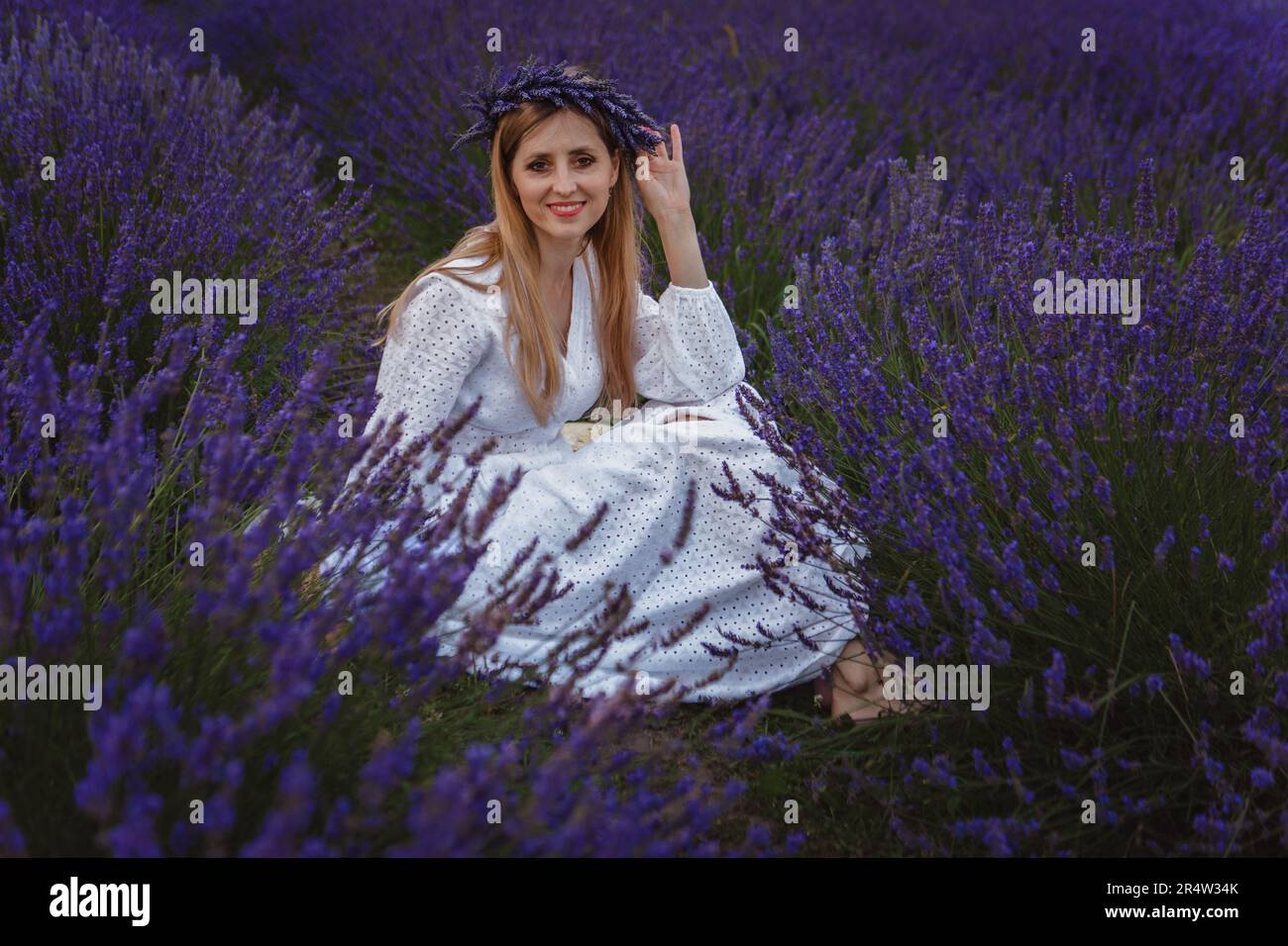 Eine junge Frau in einem weißen Kleid sitzt in der Mitte eines Lavendelfeldes Stockfoto