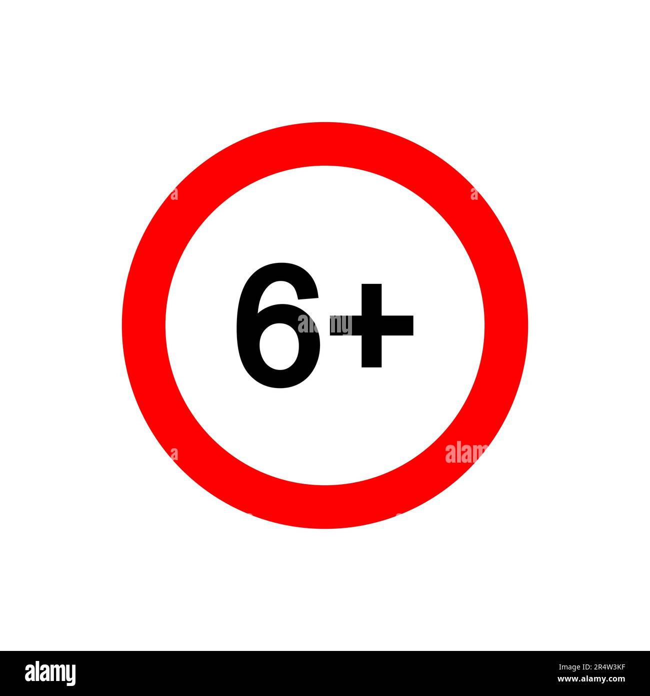 Sechs-Plus-Symbol. Nummer 6 in rotem Kreis isoliert auf weißem Hintergrund. Alterszensorsymbol. Beschriftung für Altersbeschränkung bei Filmwiedergabe. Flache Vektordarstellung Stock Vektor