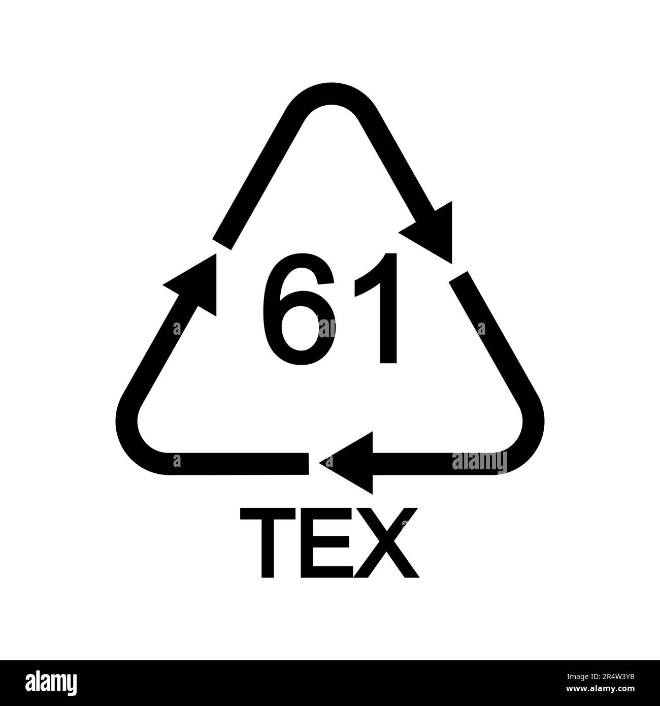 61 TEX-Recycling-Schild in dreieckiger Form mit Pfeilen. Symbol für wiederverwendbare Jute isoliert auf weißem Hintergrund. Umweltschutzkonzept Stock Vektor