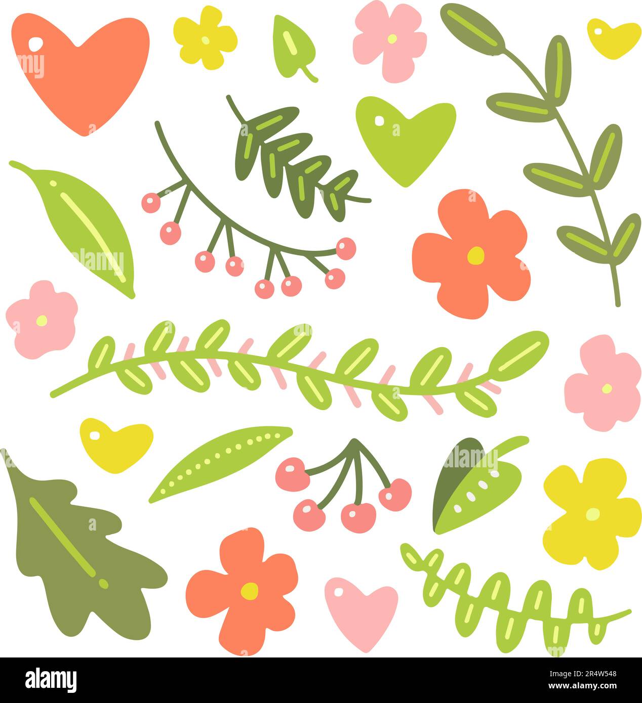 Eine Kollektion süßer Naturelemente. Handgezeichnete Cartoon-Blumen, Herzen, Beeren und Blätter. Vektordarstellung für T-Shirt-Druck, Poster Stock Vektor