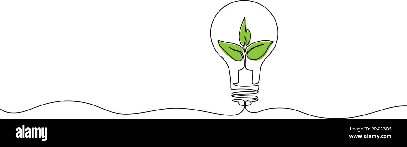 Durchgehende einzeilige Zeichnung einer grünen Pflanze in einer Glühbirne, Konzept der grünen Energie, Vektordarstellung Stock Vektor