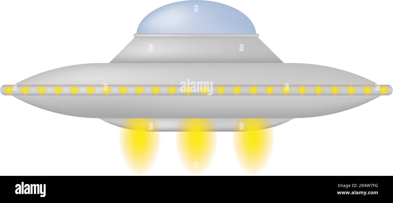 Silbernes Alien-Raumschiff. Fliegende Untertasse 3D. UFO-Alien-Raumfahrtfahrzeug isoliert. Vektordarstellung. Stock Vektor