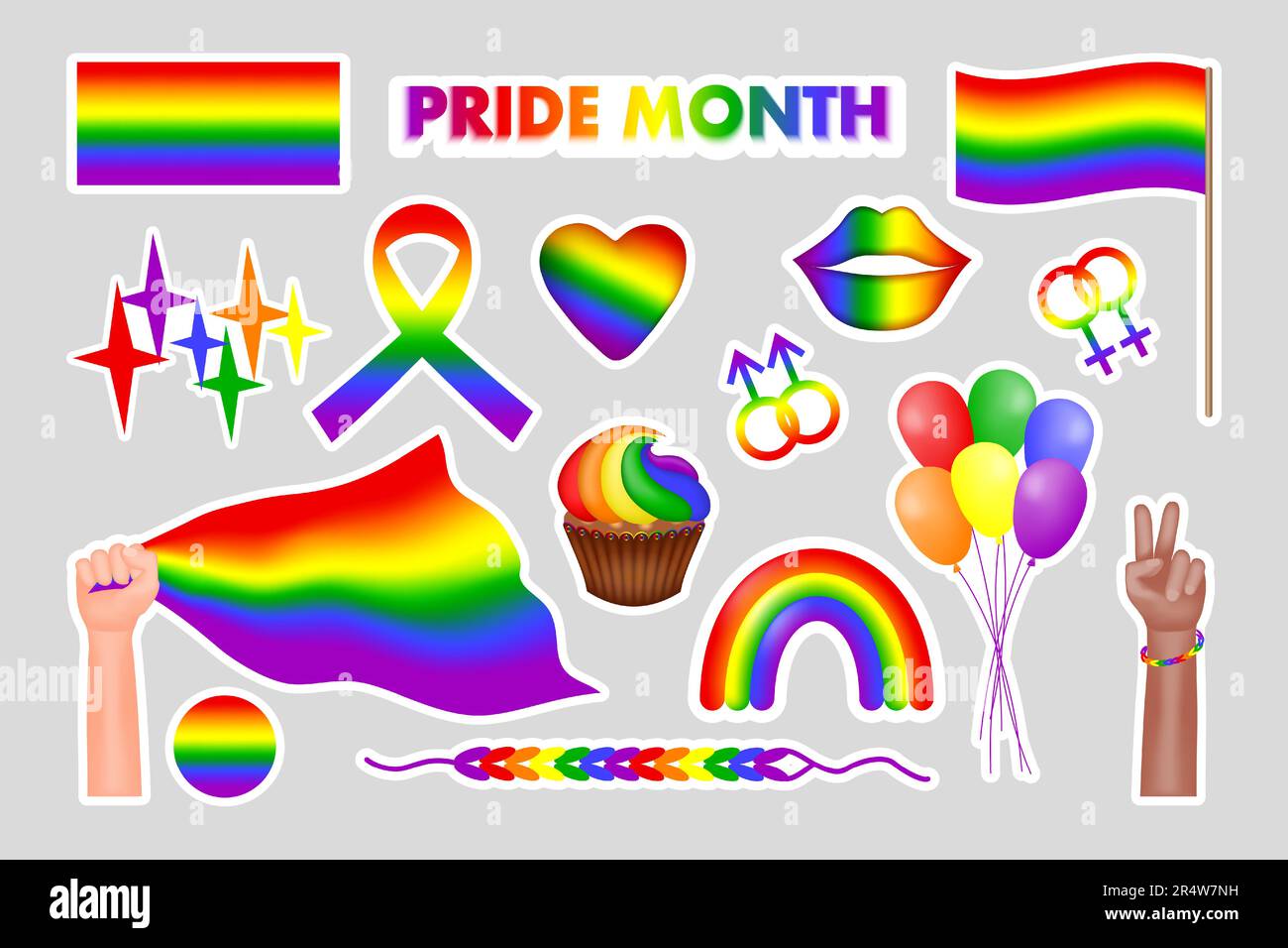 Vektorsatz von Aufklebersymbolen der LGBTQ-Community. Ikonen des Pride Months. Regenbogen, Hände von Leuten mit LGBT-Flagge, Ballons, Regenbogenlippen, Herz. Vect Stock Vektor