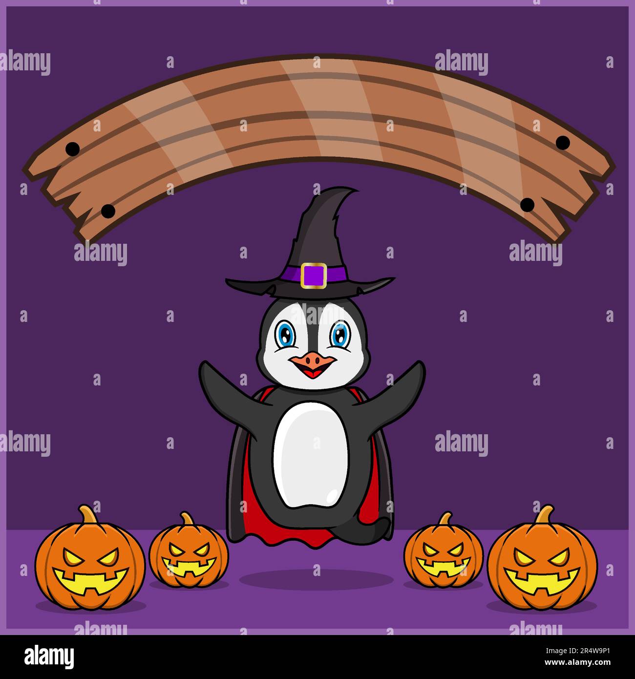 Niedliches Pinguintier in Vampir Halloween-Custome mit leerem Space-Banner, Kürbissen und fliegender Position. Vektor Und Illustration. Stock Vektor