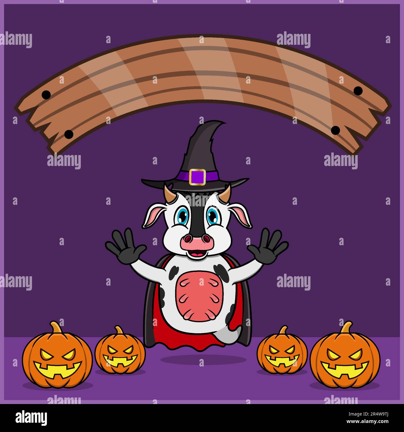 Niedliches Kuhtier in Vampir Halloween-Custome mit leerem Space-Banner, Kürbissen und fliegender Position. Vektor Und Illustration. Stock Vektor