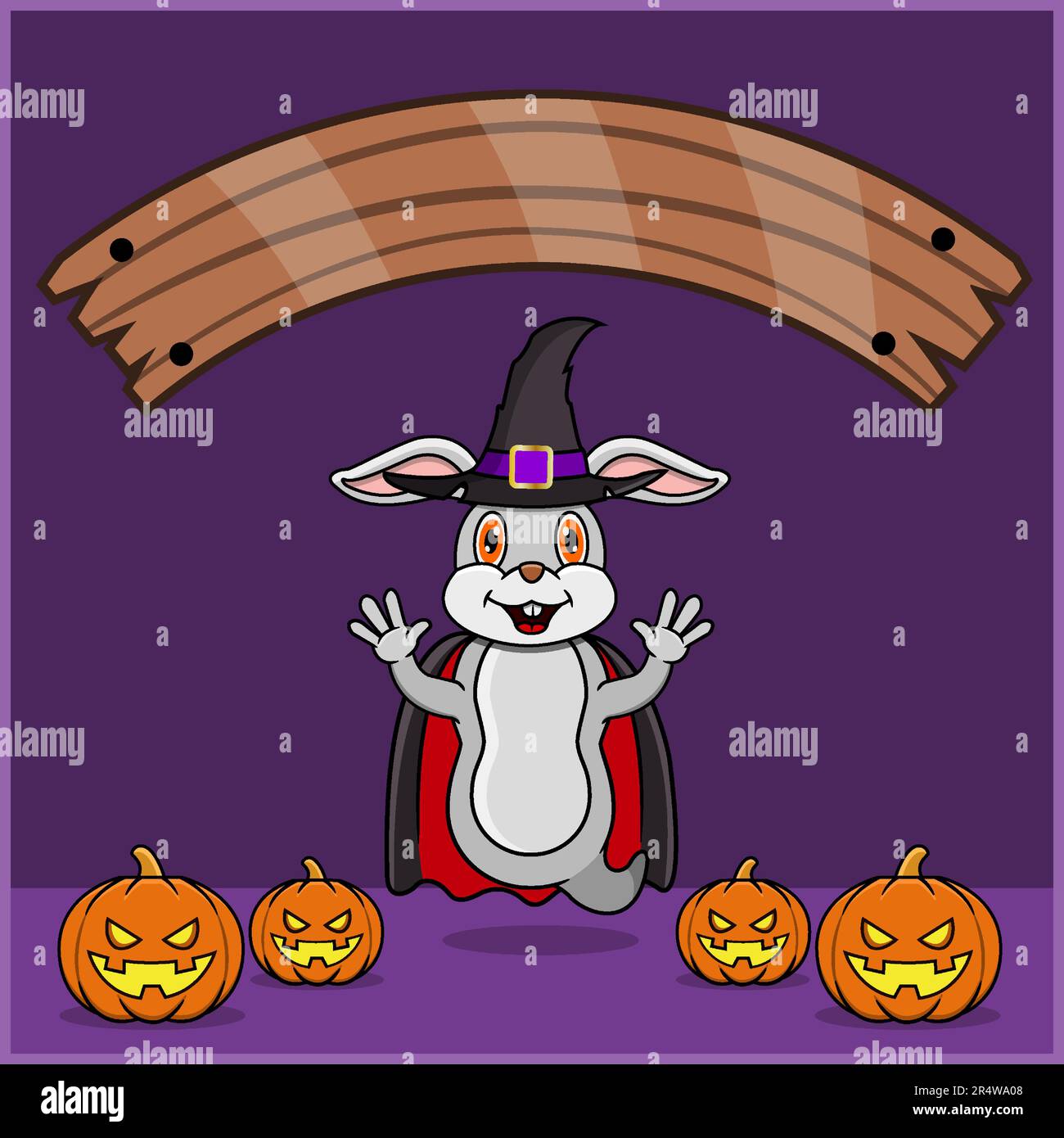 Niedliches Kaninchen-Tier in Vampir Halloween-Custome mit leerem Space-Banner, Kürbissen und fliegender Position. Vektor Und Illustration. Stock Vektor