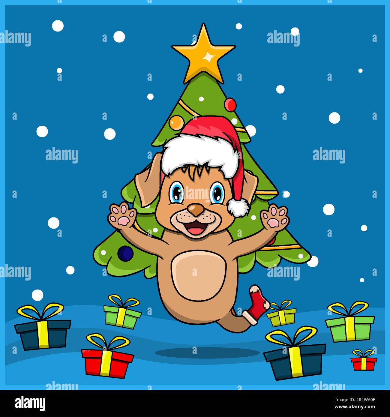 Niedliche Weihnachten Mit Tiermotiv Und Hundemotiv, Mit Socke Und Hut. Waldhintergrund. Perfekt für Hintergrund, Grußkarte, Etikett und Stock Vektor