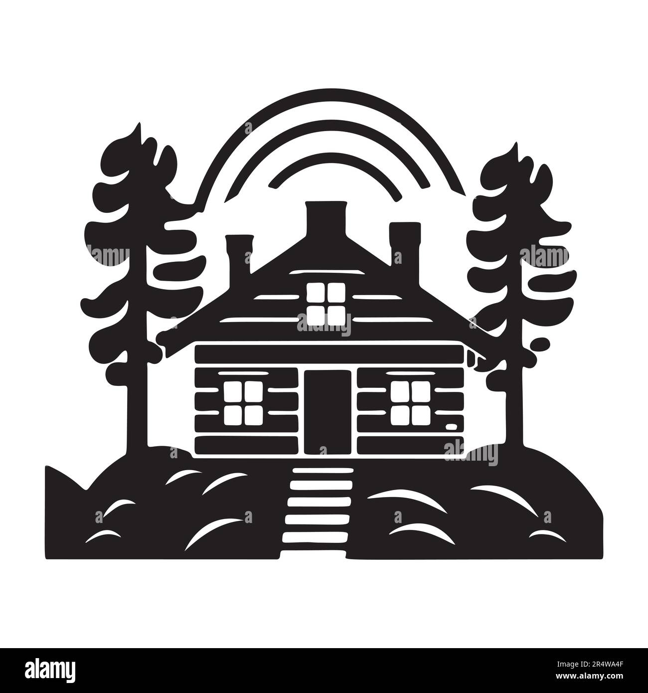 Holzkabine in scandi Linocut-Vektordarstellung. Alpenhütte im Landurlaub Dorf Cartoon. Stock Vektor