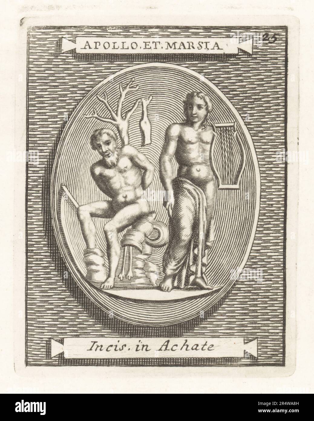Griechischer gott Apollo mit Lyre und Messer, neben dem Satyr Marsyas, gefesselt an einen Baum unter einer Doppelflöte oder Aulos. Marsyas wurde lebendig gehäutet. Apulu, chthonischer himmelsgott, für die Etruskaner. Von einem eingravierten Achatstein. Apollo und Marsia. INCIS in Achate. Copperplate-Gravur von Francesco Valesio, Antonio Gori und Ridolfino Venuti's Academia Etrusca, Museum Cortonense in Quo Vetera Monumenta, (etruskische Akademie oder Museum von Cortona), Faustus Amideus, Rom, 1750. Stockfoto