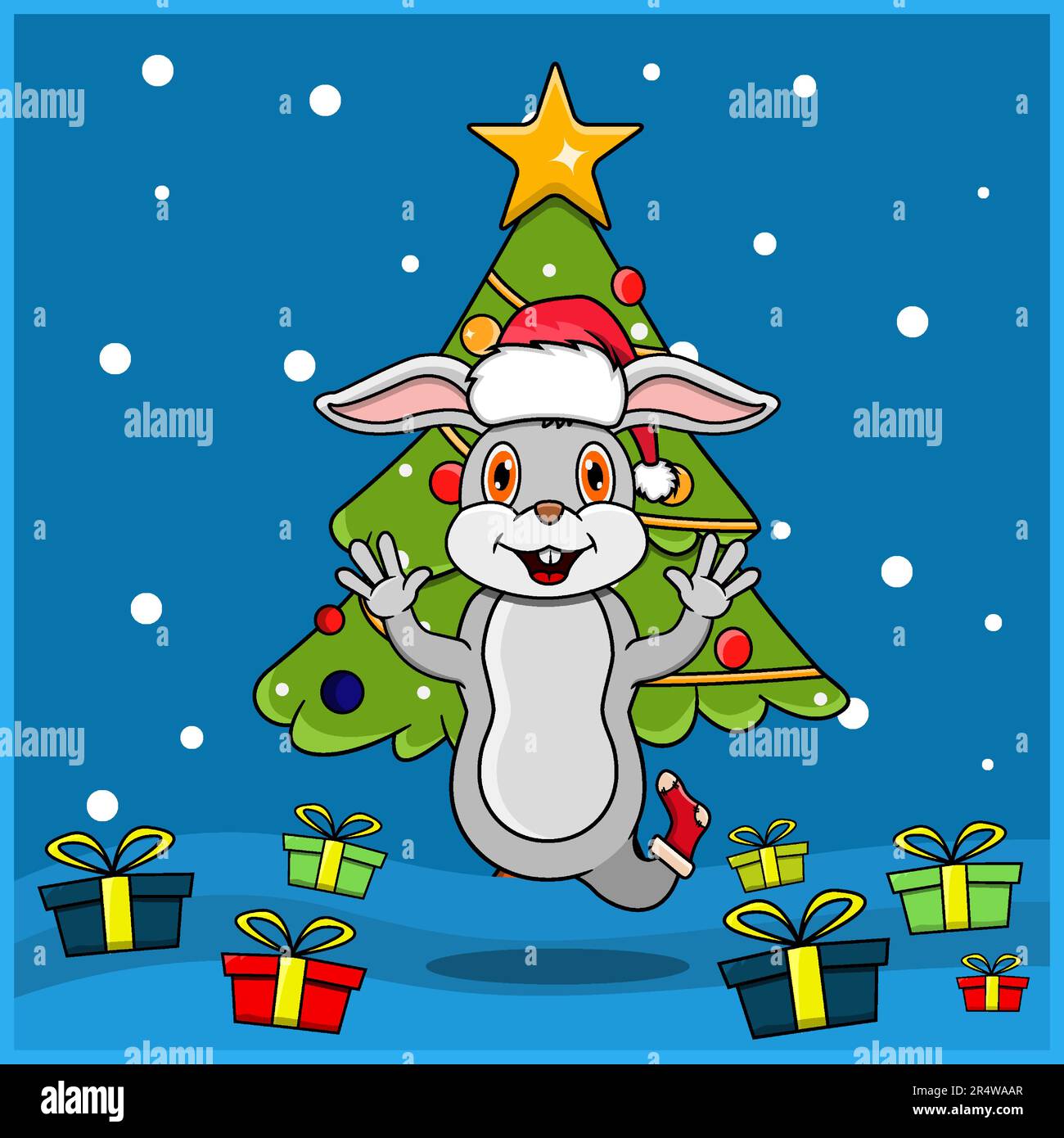 Niedliche Weihnachten Mit Tiermotiv Und Kaninchenmotiv, Socke Und Hut Zu Weihnachten. Waldhintergrund. Perfekt Für Hintergrund, Grußkarte, Etikett Stock Vektor