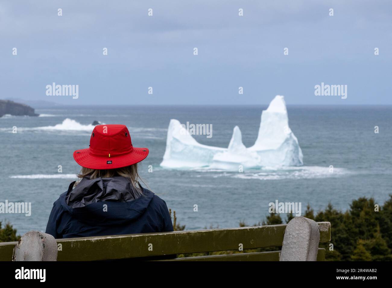 Eine Frau sitzt auf einer Bank und trägt einen lebendigen roten Hut und eine schwarze Jacke mit Blick auf einen großen weißen Gletschereisberg, der im kaltblauen Atlantik schwebt Stockfoto