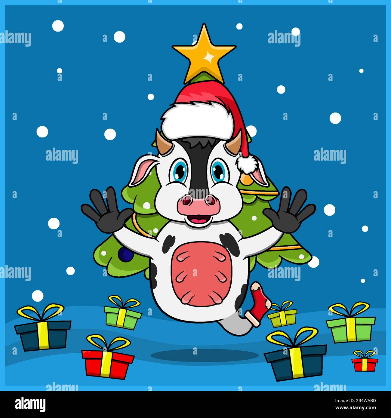 Niedliche Weihnachten Mit Tiermotiv Und Kuhmotiv, Socke Und Hut. Waldhintergrund. Perfekt für Hintergrund, Grußkarte, Etikett und Stock Vektor