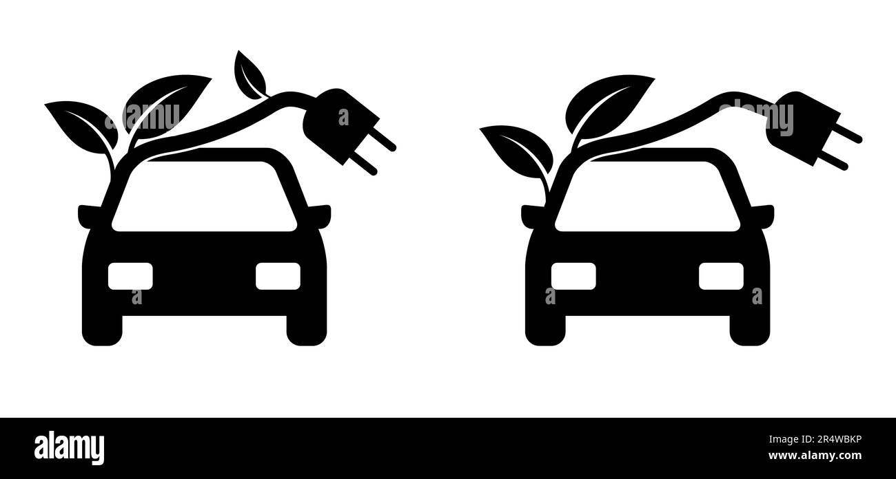 Cartoon grünes Bio- oder Eco Power-Symbol oder Symbol mit Auto. Natürliche energiesparende Blätter und elektrische Stecker. Elektrischer Kabelstecker mit Blatt. Ökologie Konz Stockfoto