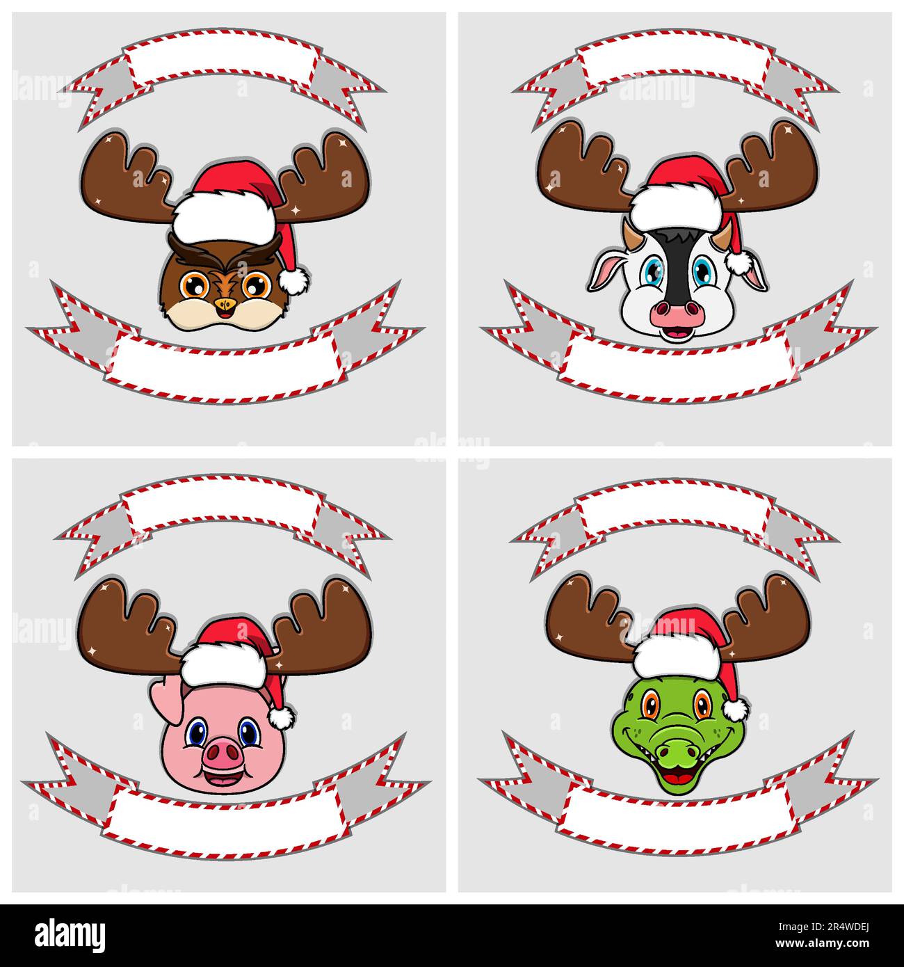 Stellen Sie Das Kopfzeichen Für Süße Tiere Ein. Für Logo, Emblem und Etikett mit Weihnachtsmütze. Eule, Kuh, Schwein und Krokodil. Vektor Und Illustration. Stock Vektor