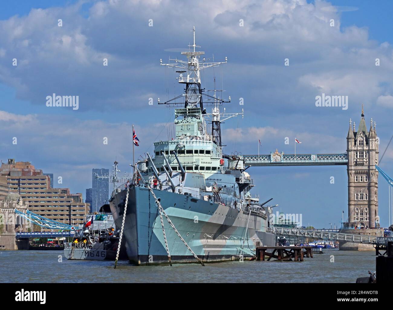 HMS Belfast, an der Südufer der Themse, Royal Navy Museumsschiff, The Queen's Walk, London, England, SE1 2JH Stockfoto