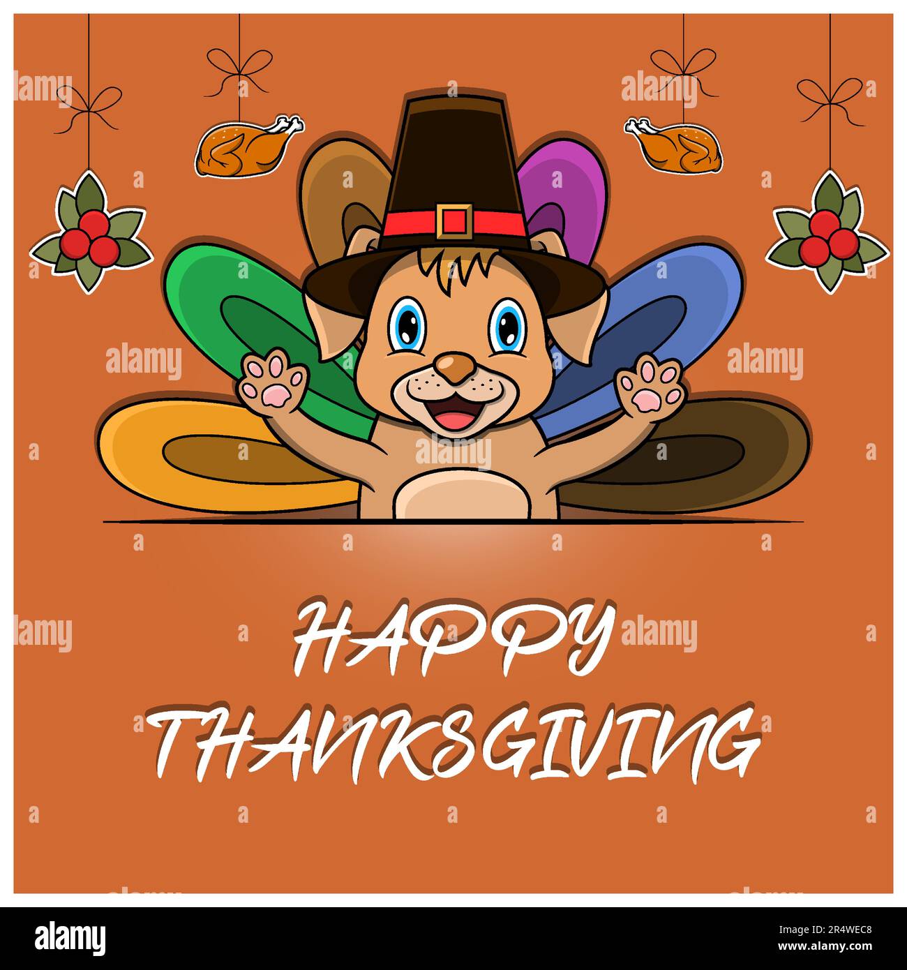„Happy Thanksgiving“-Grußkarte, -Poster oder -Flyer mit Hundefigur. Vektor Und Illustration. Stock Vektor