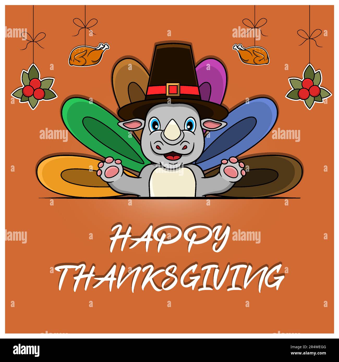„Happy Thanksgiving“-Grußkarte, -Poster oder -Flyer mit Rhino-Charakter. Vektor Und Illustration. Stock Vektor