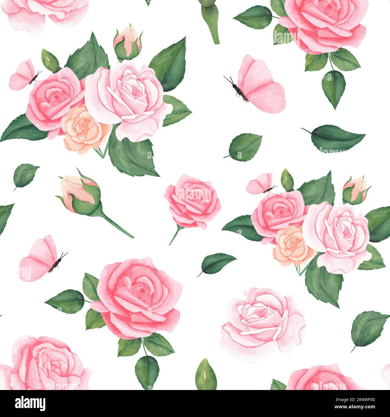 Nahtloses Muster mit Rosen, Blättern und Schmetterlingen in Pink. Aquarelle Kunst für Design, Stoff, Textil, Geschenkpapier. Stockfoto