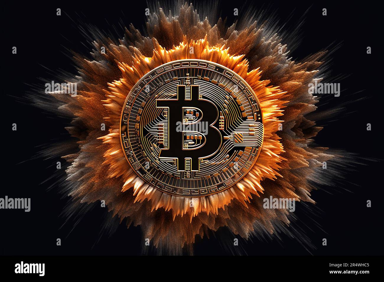 Bitcoin Curency bei Explosion auf schwarzem Hintergrund, IA generativ Stockfoto