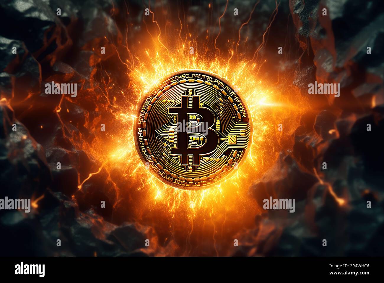 Konzeptionelle Bitcoin-Kurenz bei Explosionen auf schwarzem Hintergrund, IA generativ Stockfoto