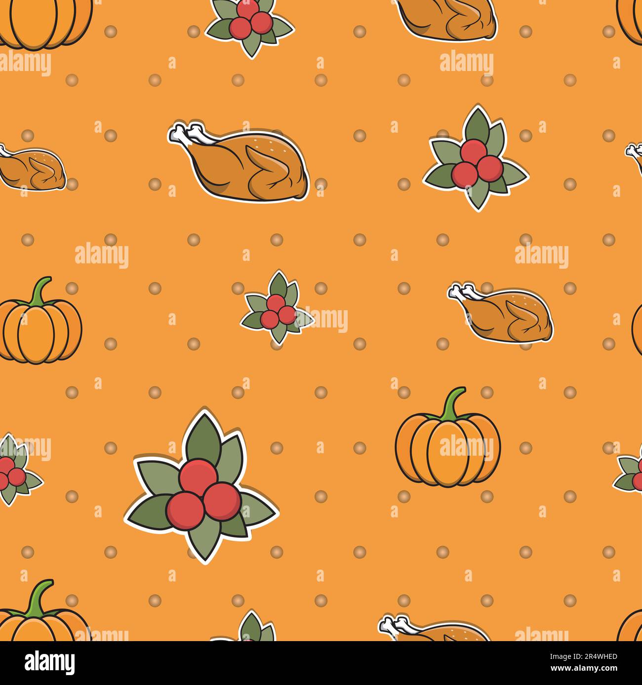 Süße, nahtlose Herbstmuster für Tapeten und Wände mit Kürbissen, Hühnern und Cherrys. Vektor und Illustration. Stock Vektor
