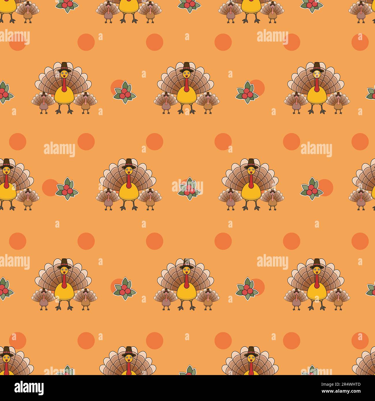 Süße, nahtlose Herbstmuster für Tapeten und Wände mit drei Truthahnvögeln. Vektor und Illustration. Stock Vektor
