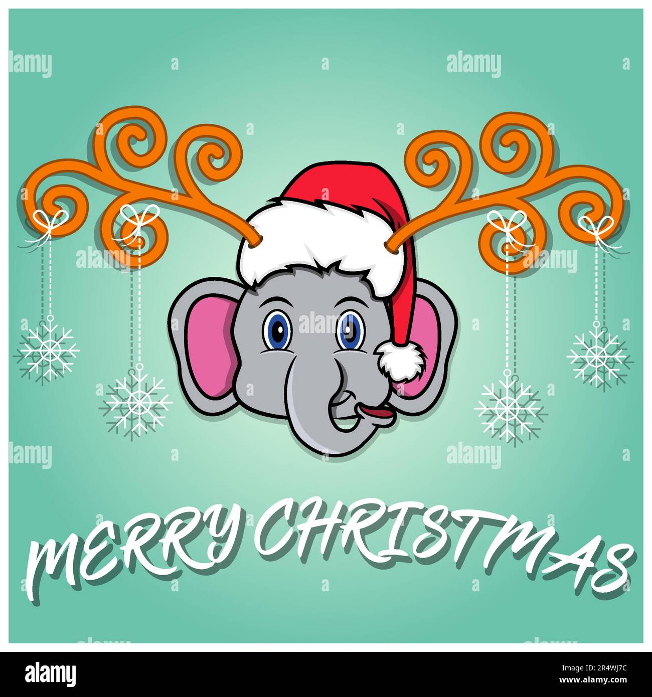 Christmass-Karte Mit Niedlichem Elefantenkopf. Mit Hut und lustigen Weihnachten. Vektor und Illustration. Stock Vektor