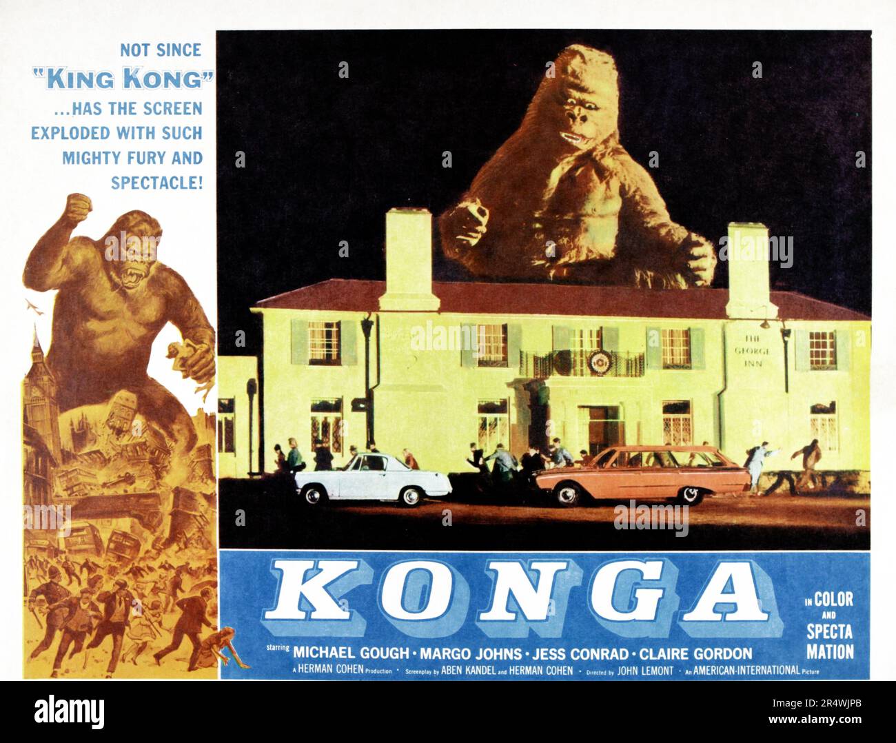 Konga ist ein britisch-amerikanischer internationaler Science-Fiction-Horrorfilm aus dem Jahr 1961 unter der Regie von John Lemont mit Michael Gough, Margo Johns und Austin Trevor. Der Film bildete die Grundlage für eine Comic-Serie, die von Charlton Comics veröffentlicht und ursprünglich von Steve Ditko (vor Ditkos Mitgestaltung von Spider-man) in den 1960er Jahren gezeichnet wurde. Stockfoto
