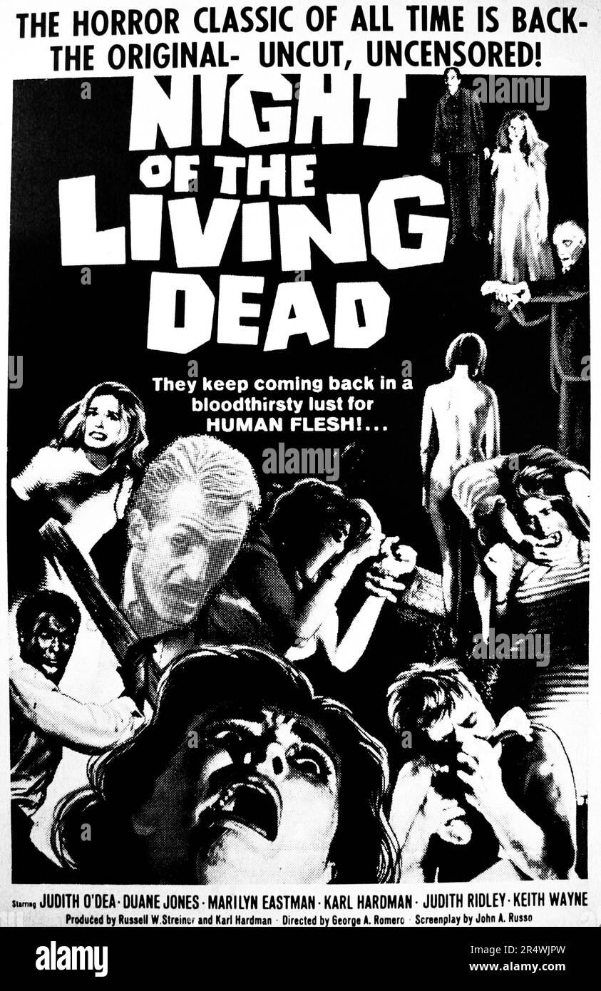 Nacht der lebenden Toten ist ein 1968 amerikanische unabhängige Horror Film unter der Regie von George A. Romero, starring Duane Jones, Judith O'Dea, Karl Hardman. Es gilt als ein Kultfilm zu werden. Nacht der lebenden Toten war stark bei seiner Veröffentlichung aufgrund der expliziten Inhalt kritisiert, aber schließlich sammelte kritischen Beifall. Stockfoto