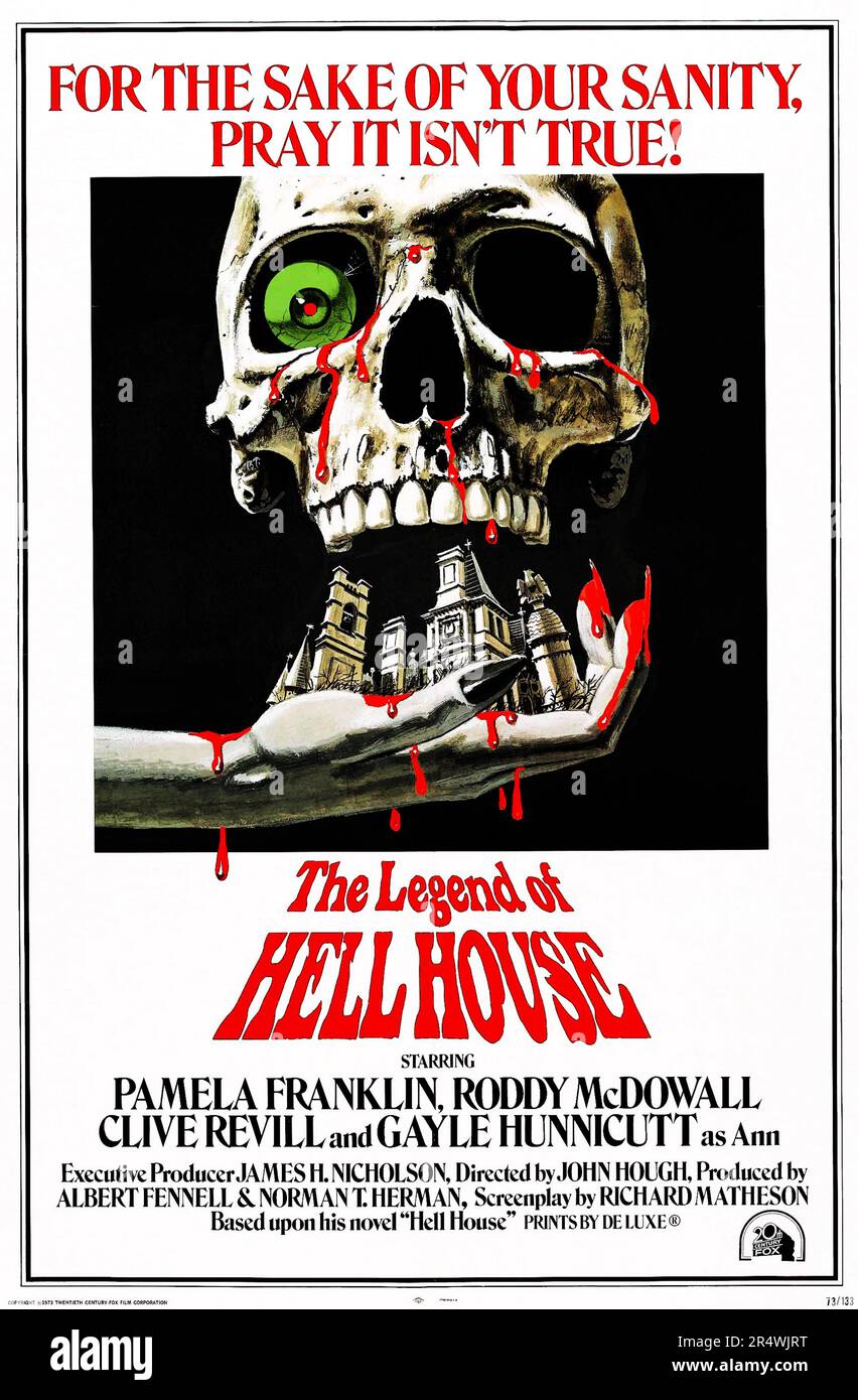 Die Legende der Hölle House ist ein 1973 British Horror Film von John Hough Regie und Hauptdarsteller pamela Franklin, Roddy McDowall, Clive und, und Gayle Hunnicutt. Das Drehbuch wurde von Richard Matheson auf seinem eigenen Roman Hölle Haus geschrieben Stockfoto
