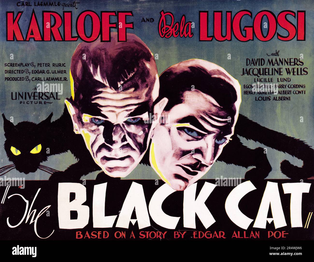 Die Schwarze Katze ist ein Horrorfilm aus dem Jahr 1934. BÃ Film war der erste von acht Filmen, die Schauspieler Opéla Lugosi und Boris Karloff miteinander verbanden. Edgar G. Ulmer regierte den Film, der auch als einer der ersten Filme mit einer fast ununterbrochenen Musikergebnisse bekannt war. Lugosi erscheint auch in einem 1941-Film mit demselben Titel. Stockfoto