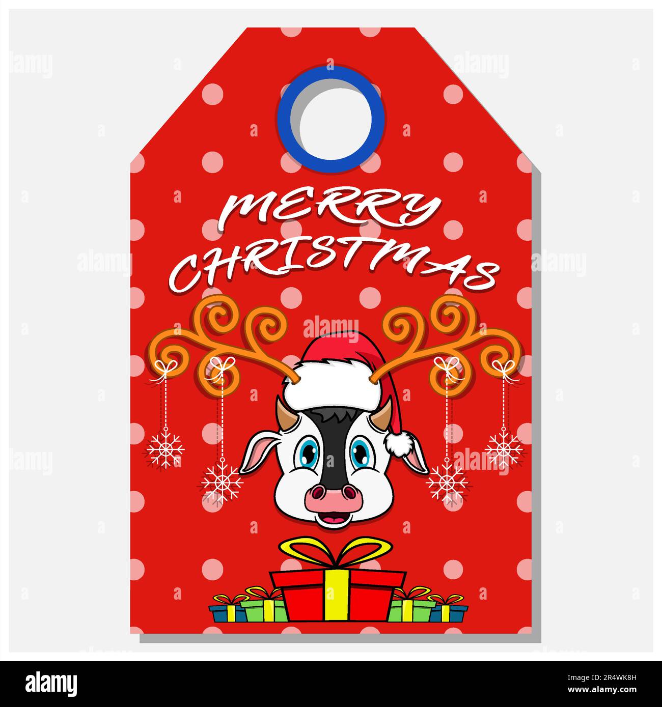 Merry Christmas Happy Silvester – von Hand gezeichneter Etikettenaufkleber mit niedlichem Kuhkopf. Vektor und Illustration. Stock Vektor