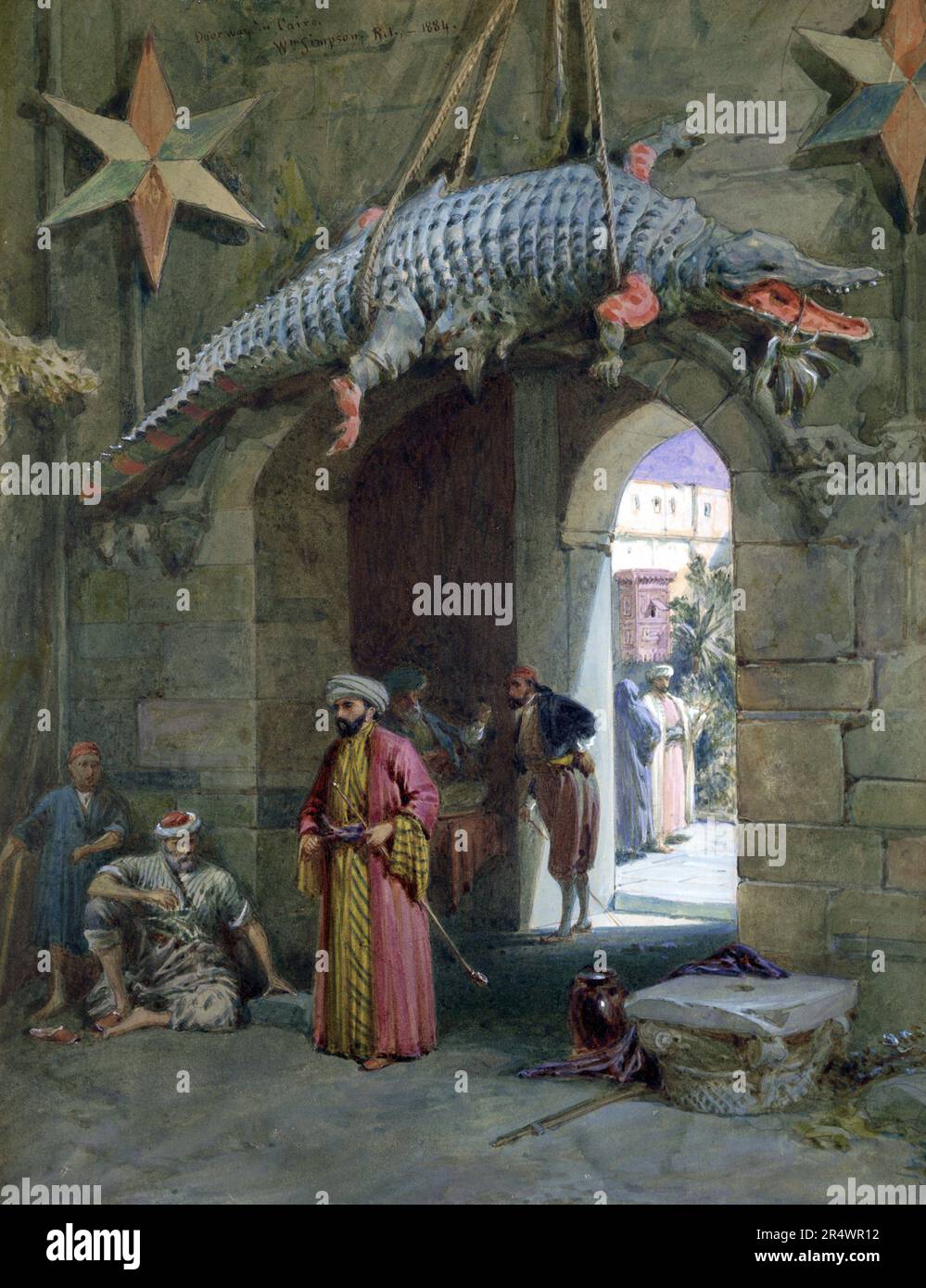 Gateway, Kairo, 1884. Aquarell. William Simpson (1823-1899) schottischer Maler. Steinbogen mit Krokodilkörper darüber. Männer in arabischen Kleidern laufen, reden und warten. Durch den Bogen im Hof, Mann und Frau im Gespräch. Stockfoto
