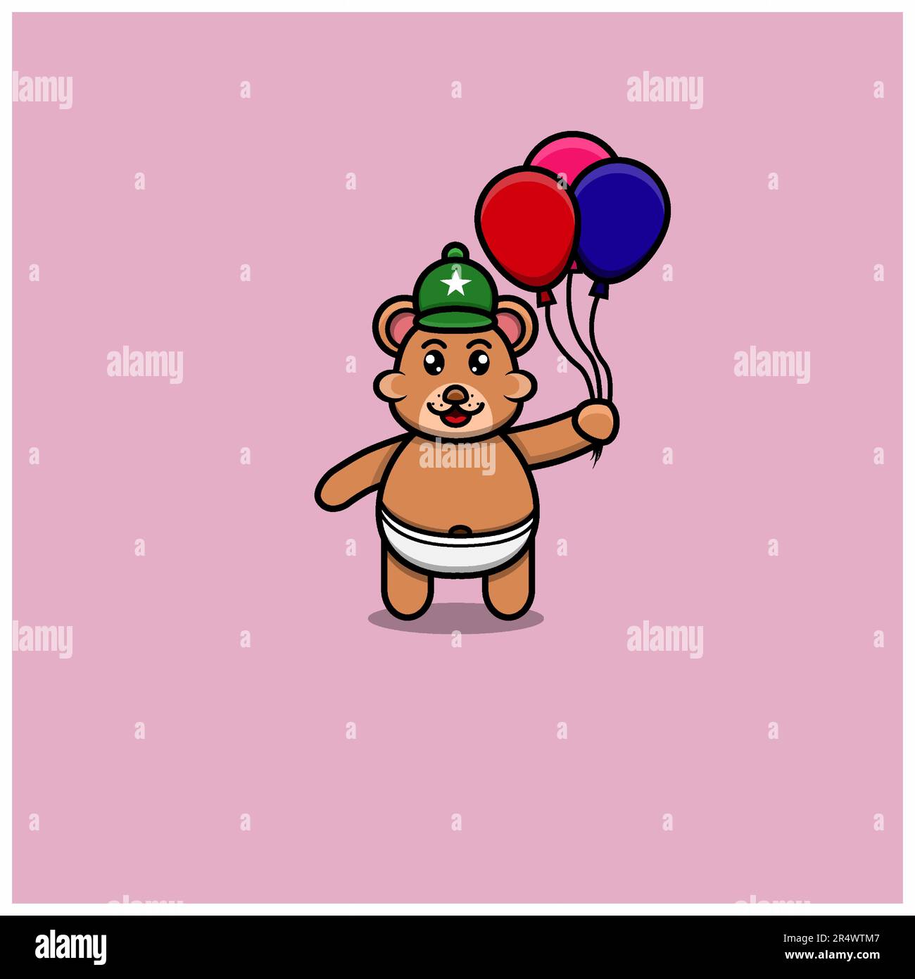 Süßer Babybär, Bring Ballons Mit. Charakter, Logo, Icon, Cartoon Und Inspiration Design. Vektor Und Illustration. Stock Vektor