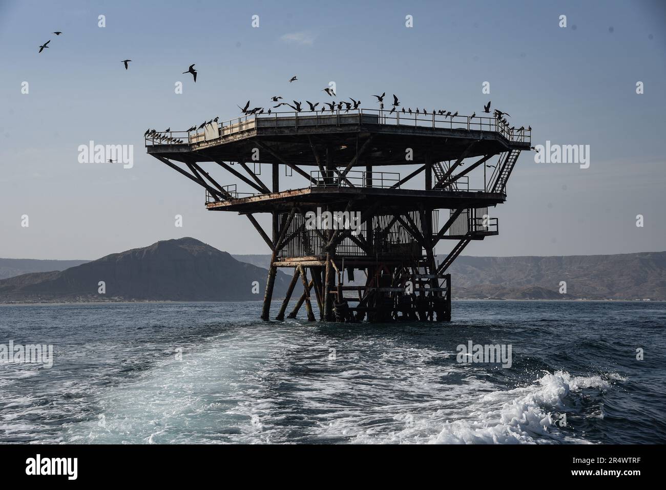 Nicolas Remene / Le Pictorium - El Nino-Phänomen an der Nordküste Perus - 21/10/2018 - Peru / Piura / ? Mancora / Talara? - Eine alte Bohrinsel, die am 21. Oktober 2018 in Los Organos in der Talara-Region an der Nordwestküste Perus in eine Meeresplattform und ein Artenschutzgebiet umgewandelt wurde. Los Organos ist eines der Fischerdörfer, die vom El Nino-Phänomen betroffen sind. ---------------------------------------------------------------------- El Nino-Phänomen an der Nordküste Perus nördlich von Lima in Peru und entlang einer fast 1300 km langen Küste sind viele Dörfer regelmäßig ausgesetzt Stockfoto