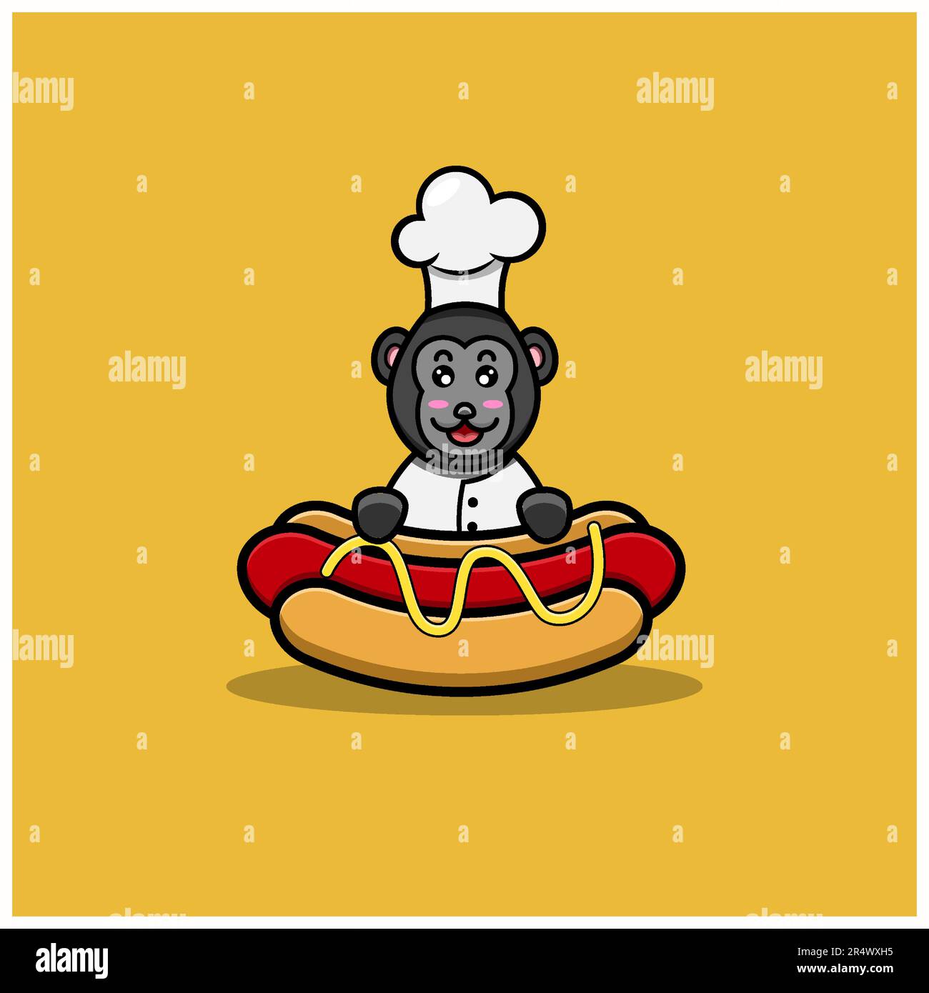 Süßer Baby-King-Kong-Koch Auf Hot Dog. Figur, Maskottchen, Icon, Logo, Cartoon und niedliches Design. Vektor und Illustration. Stock Vektor