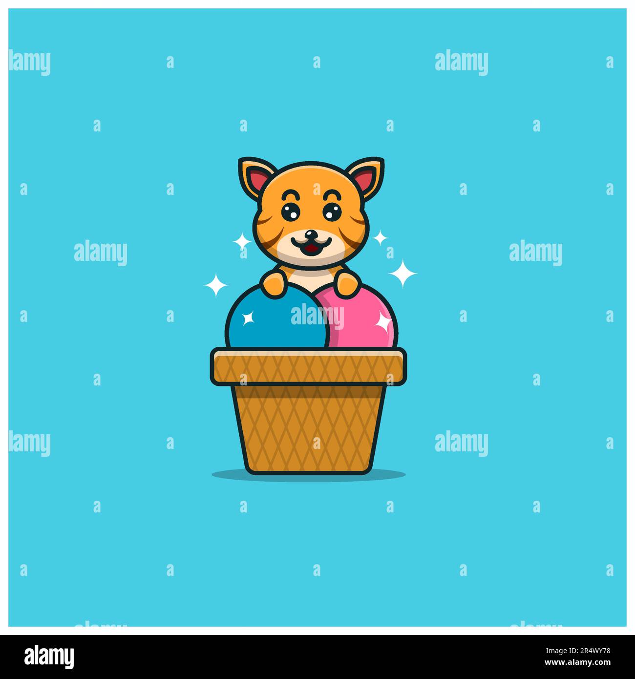 Süßer Baby-Tiger Auf Eis. Charakter, Maskottchen, Symbol und niedliches Design. Vektor und Illustration. Stock Vektor